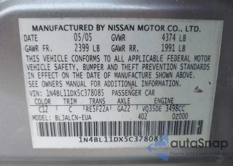 2005 Nissan Altima 3.5 Se из США, поврежденный, VIN 1N4BL11DX5C378085